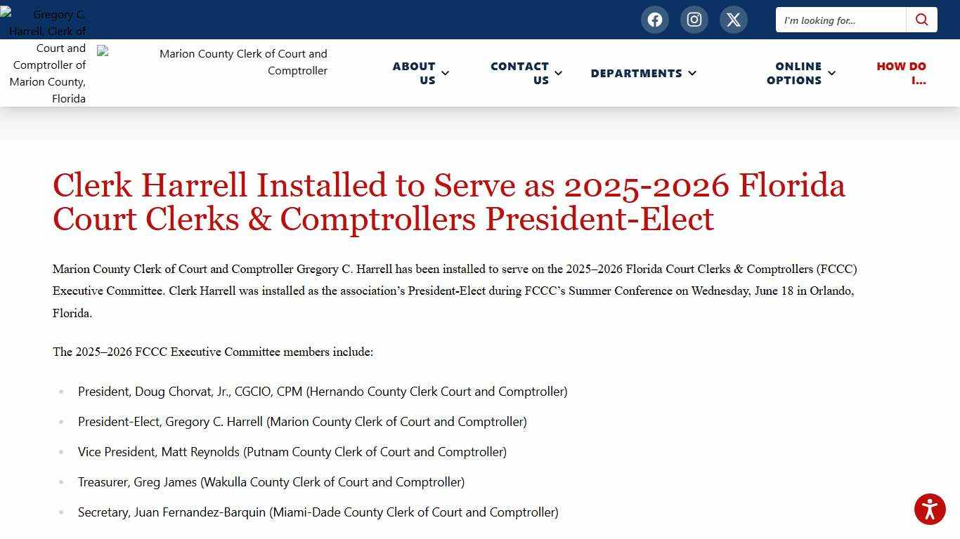 Clerk Harrell Installed to Serve as 2025-2026 Florida Court Clerks & Comptrollers President-Elect | Marion County Clerk of Court and Comptroller